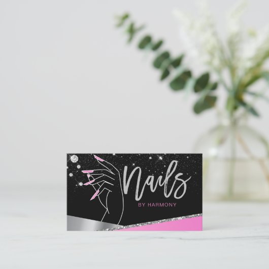 Nail Tech Artist Glam Pink Silver Diamond Salon Visitekaartje (Staand voorkant)