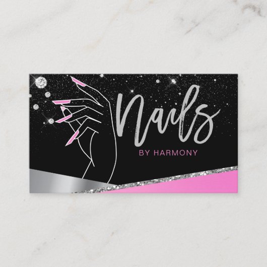 Nail Tech Artist Glam Pink Silver Diamond Salon Visitekaartje (Voorkant)