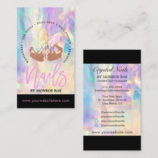 Nail Tech Crystal Holographic Nail Shop Business C Visitekaartje (Voorkant / Achterkant)