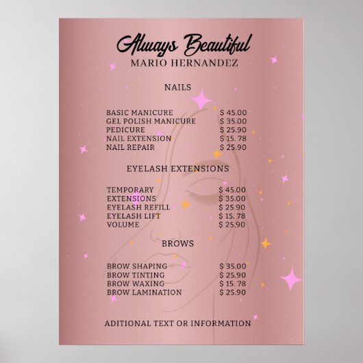 Nail Tech Estheticien prijslijst Roos Gold Poster (Voorkant)