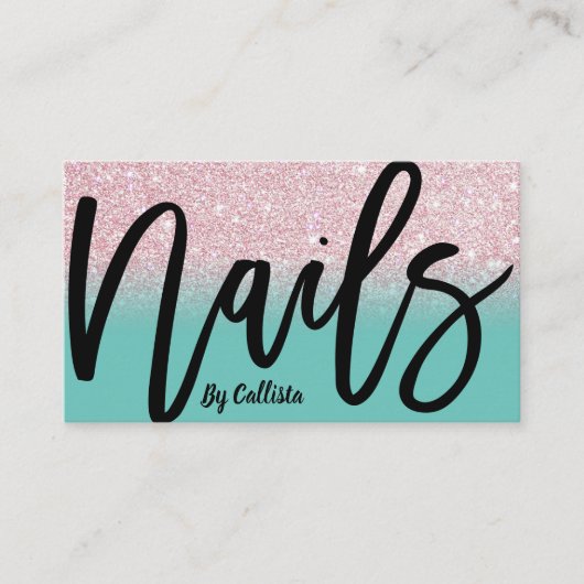 Nail Tech Girly Pink Glitter Ombre Typografie Visitekaartje (Voorkant)