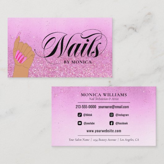 Nail Tech Manicure Artist Hot Pink Glam Glitter Visitekaartje (Voorkant / Achterkant)