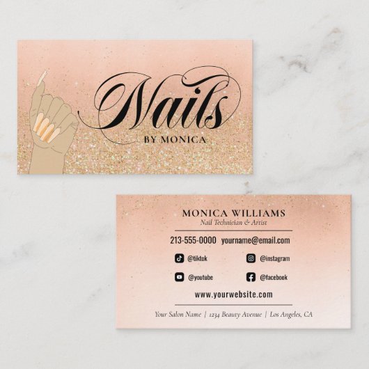 Nail Tech Manicurist Golden Glam Salon Business Visitekaartje (Voorkant / Achterkant)