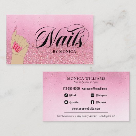 Nail Tech Manicurist Roos Red Glam Glitter Salon B Visitekaartje (Voorkant / Achterkant)