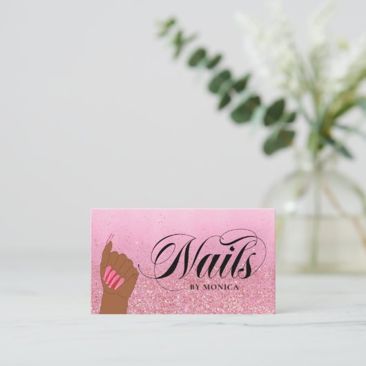 Nail Tech Manicurist Roos Red Glam Glitter Salon Visitekaartje (Staand voorkant)