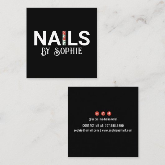 Nail Tech Nail Art Black Square Visitekaartje (Voorkant / Achterkant)