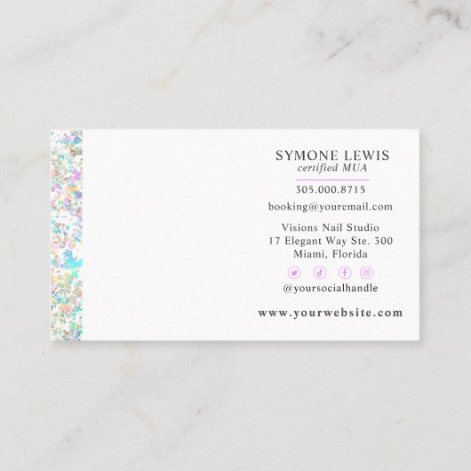 Nail Tech, Nail Artist, Salon Holographic Glitter Visitekaartje (Achterkant)