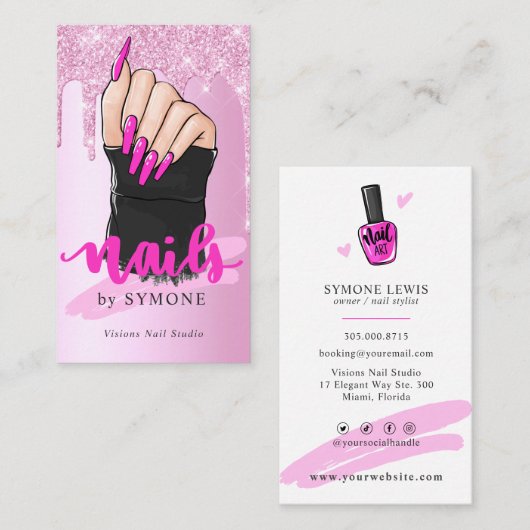 Nail Tech Nail Artist Salon Pink Glitter Driving Visitekaartje (Voorkant / Achterkant)