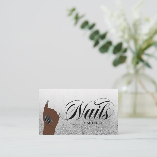 Nail Tech Nail Artist Silver Glam Glitter Salon Visitekaartje (Staand voorkant)