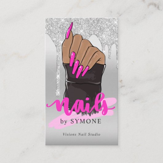Nail Tech Nail Salon Silver Glitter Driving Visitekaartje (Voorkant)