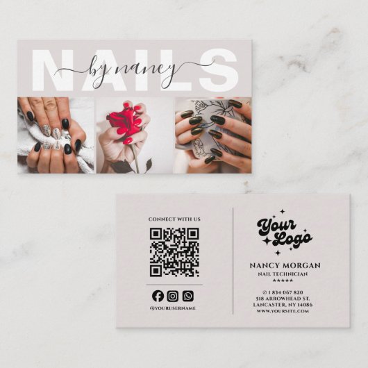 Nail Tech neutraal beige 3 Foto Raster QR Code  Visitekaartje (Voorkant / Achterkant)