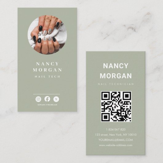Nail Tech Qr Code Photo Sage Green Visitekaartje (Voorkant / Achterkant)