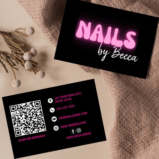 Nail Tech Retro Roze Neon QR Code Trendy Visitekaartje