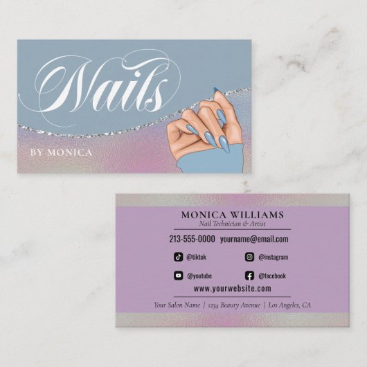Nail Tech & Salon Blue Rainbow Metallic Elegant Bu Visitekaartje (Voorkant / Achterkant)