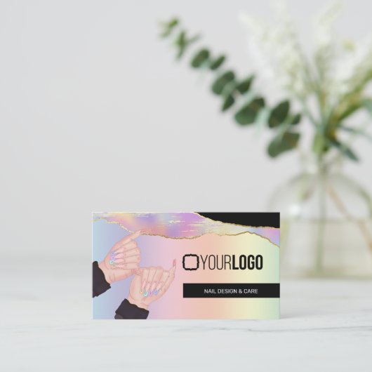Nail Tech/Salon Holographic Rainbow Custom Logo Visitekaartje (Staand voorkant)