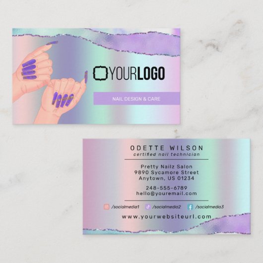 Nail Tech/Salon Pastel Paars Metallic - Uw Logo Visitekaartje (Voorkant / Achterkant)