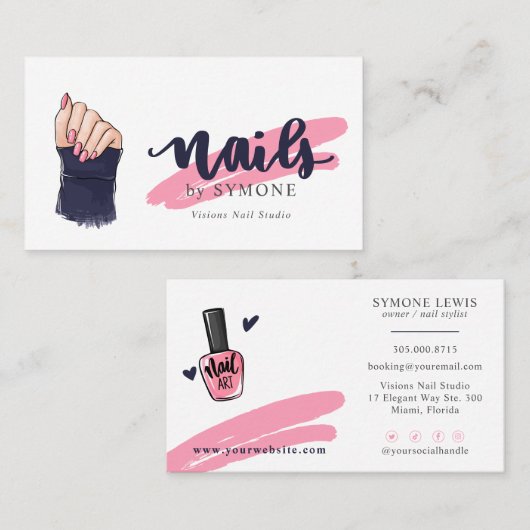 Nail Technicia Beauty Salon Pink en Navy Blue Bu Visitekaartje (Voorkant / Achterkant)
