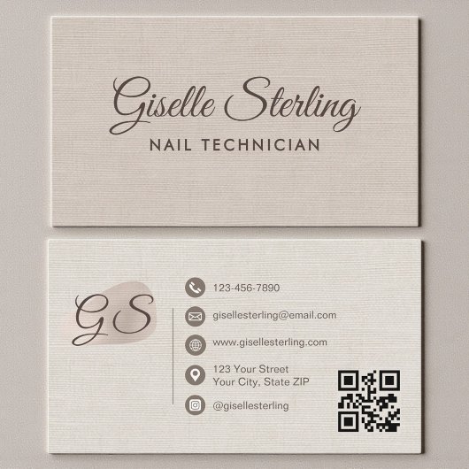 Nail Technician Beige Linen Modern Elegant QR Code Visitekaartje