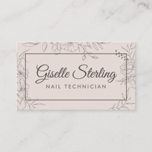Nail Technician Blush Pink Floral Line Art Script Visitekaartje (Voorkant)