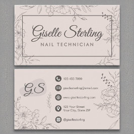 Nail Technician Blush Pink Floral Line Art Script Visitekaartje