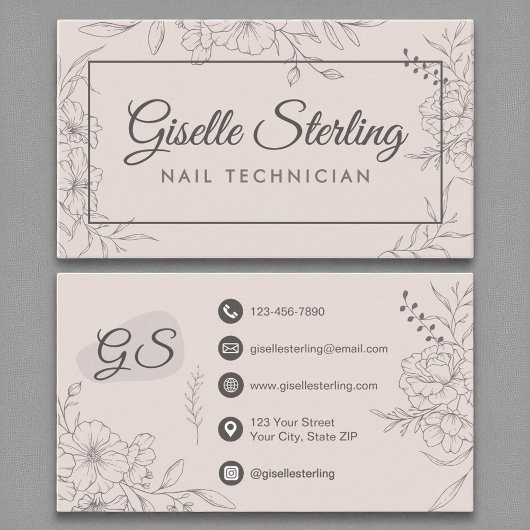 Nail Technician Blush Pink Floral Line Art Script Visitekaartje