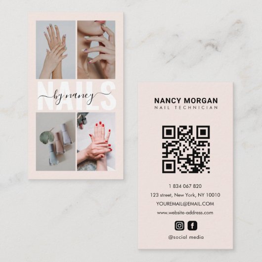 Nail Technician Blush Pink Photo Collage Qr Code  Visitekaartje (Voorkant / Achterkant)