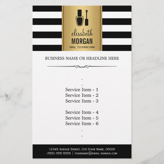 NAIL TECHNICIAN Elegant Gold Black White Stripes Flyer (Voorkant)