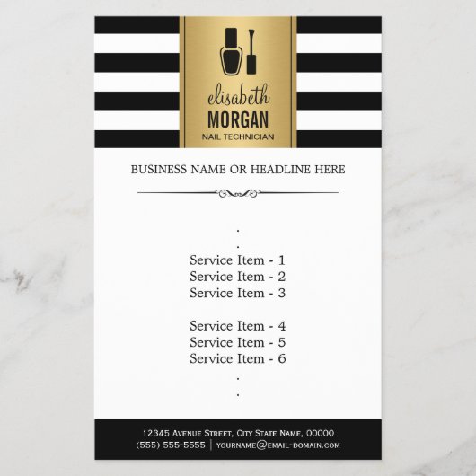NAIL TECHNICIAN Elegant Gold Black White Stripes Flyer (Voorkant)