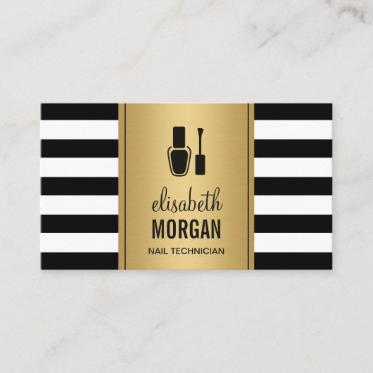 NAIL TECHNICIAN Elegant Gold Black White Stripes Visitekaartje (Voorkant)