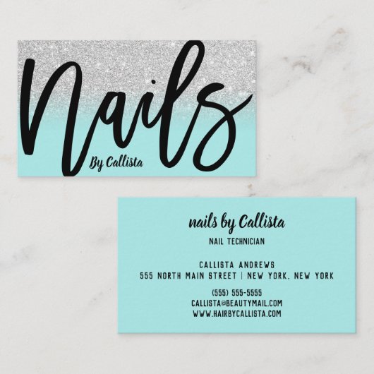 Nail Technician Mint Silver Glitter Typography Visitekaartje (Voorkant / Achterkant)