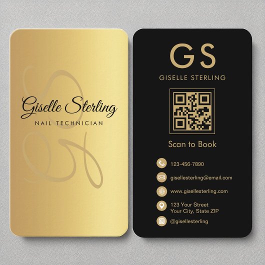 Nail Technician Monogram Gold Black QR-code Visitekaartje