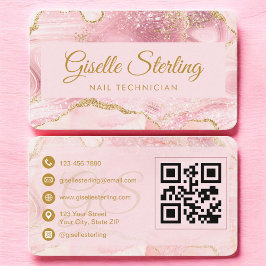 Nail Technician Pink Gold Agate QR Code Visitekaartje