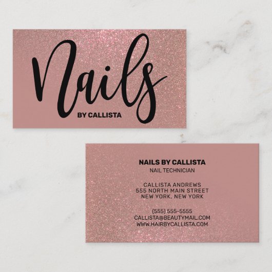 Nail Technician Roos Goud Roze Glitter Typografie Visitekaartje (Voorkant / Achterkant)