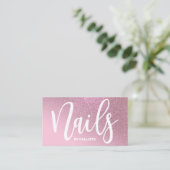 Nail Technician Roos Pink Glitter Typografie Visitekaartje (Staand voorkant)