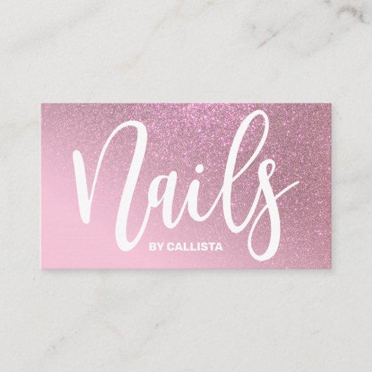 Nail Technician Roos Pink Glitter Typografie Visitekaartje (Voorkant)