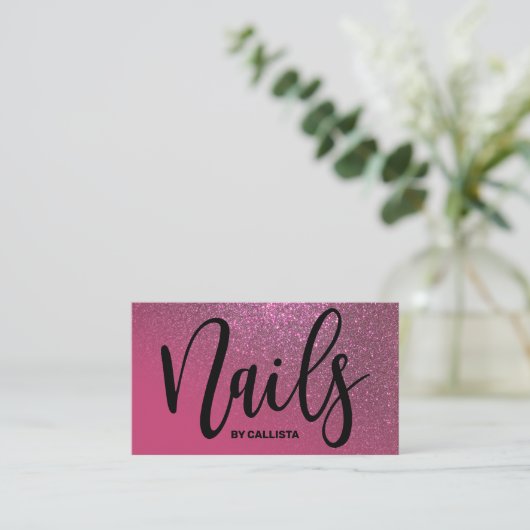 Nail Technicus Berry Pink Glitter Typografie Visitekaartje (Staand voorkant)