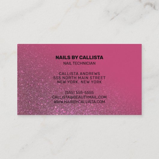 Nail Technicus Berry Pink Glitter Typografie Visitekaartje (Achterkant)