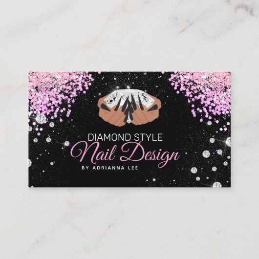 Nail-technicus Diamond Glitter Pink & Black Salon Visitekaartje (Voorkant)
