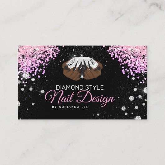 Nail-technicus Diamond Glitter Pink & Black Salon Visitekaartje (Voorkant)