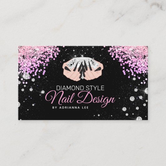 Nail-technicus Diamond Glitter Pink & Black Salon Visitekaartje (Voorkant)