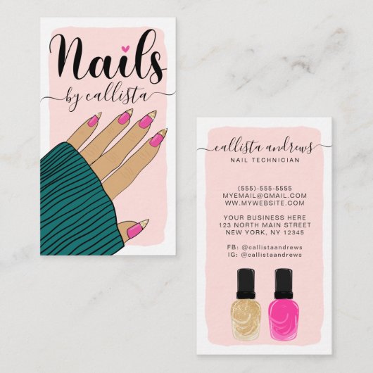 Nail-technicus Girly Pink Gold Hand Illustratie Visitekaartje (Voorkant / Achterkant)