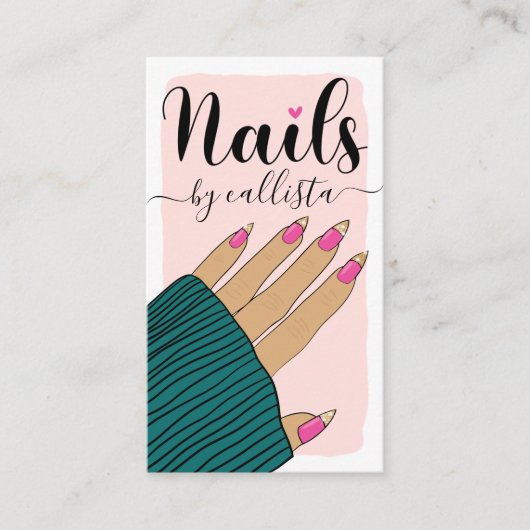 Nail-technicus Girly Pink Gold Hand Illustratie Visitekaartje (Voorkant)