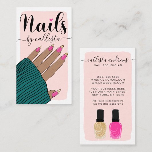 Nail-technicus Girly Pink Gold Hand Illustratie Visitekaartje (Voorkant / Achterkant)