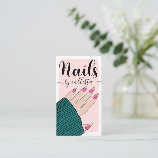 Nail-technicus Girly Pink Gold Hand Illustratie Visitekaartje (Staand voorkant)