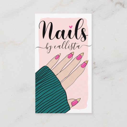 Nail-technicus Girly Pink Gold Hand Illustratie Visitekaartje (Voorkant)