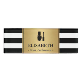 Nail-technicus Logo Gold Black — witte strepjes Naambadge