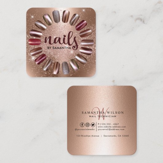 Nail-technicus Roos Gold Sparkly Vierkante Visitekaartje (Voorkant / Achterkant)