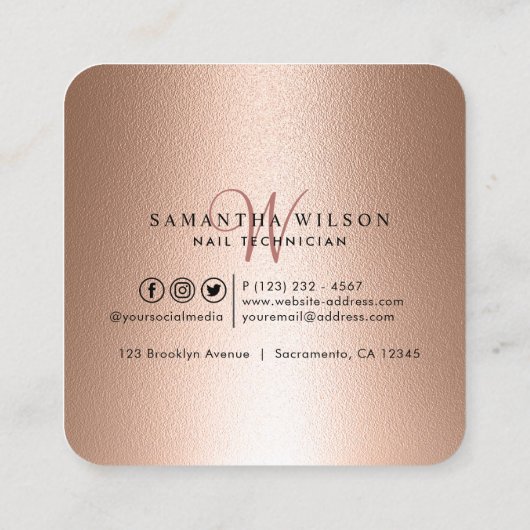 Nail-technicus Roos Gold Sparkly Vierkante Visitekaartje (Achterkant)