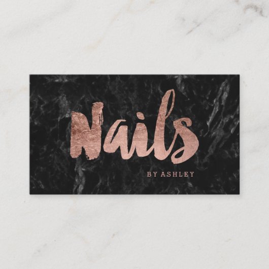 Nails chic roos gold typografie zwarte marmer visitekaartje (Voorkant)