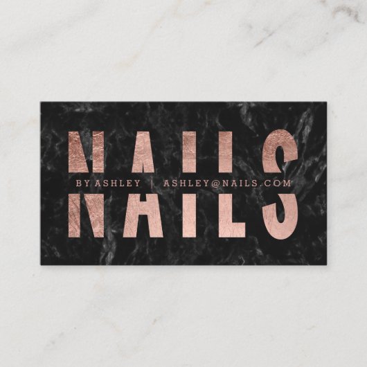 Nails cut out roos gold typografie zwarte marmer visitekaartje (Voorkant)